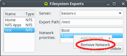 Removing a network for an export