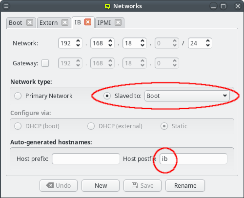 IB network definition in the Networks dialog