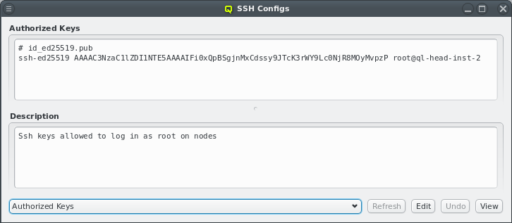 The SSH root authorized-keys configuration window