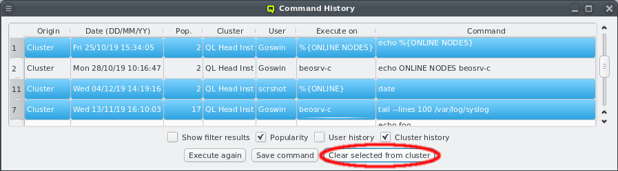 Clearing selected entries of the command history