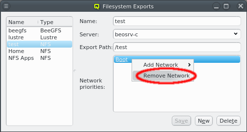 Removing a network for an export