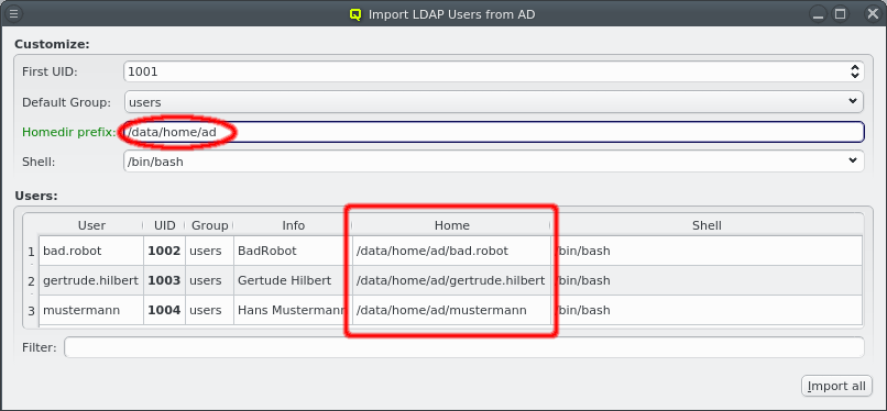 Changing the homedir for user import
