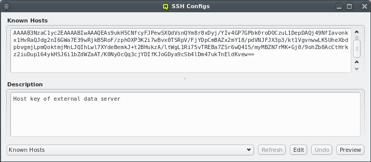 The SSH known hosts header configuration window