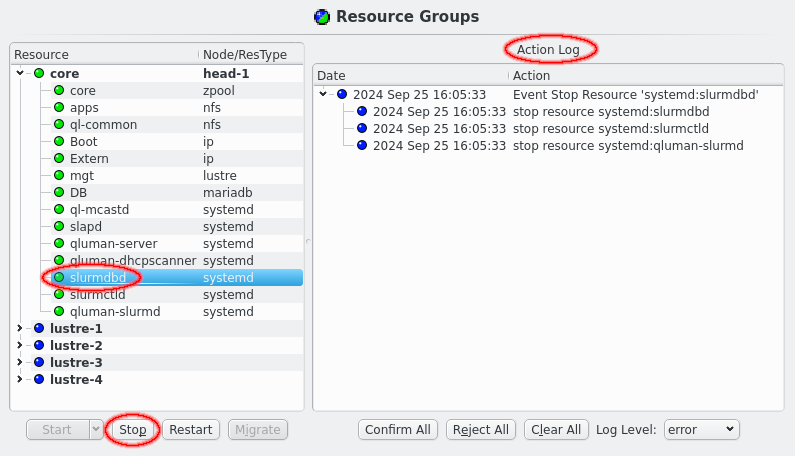 Action log with pending stop action