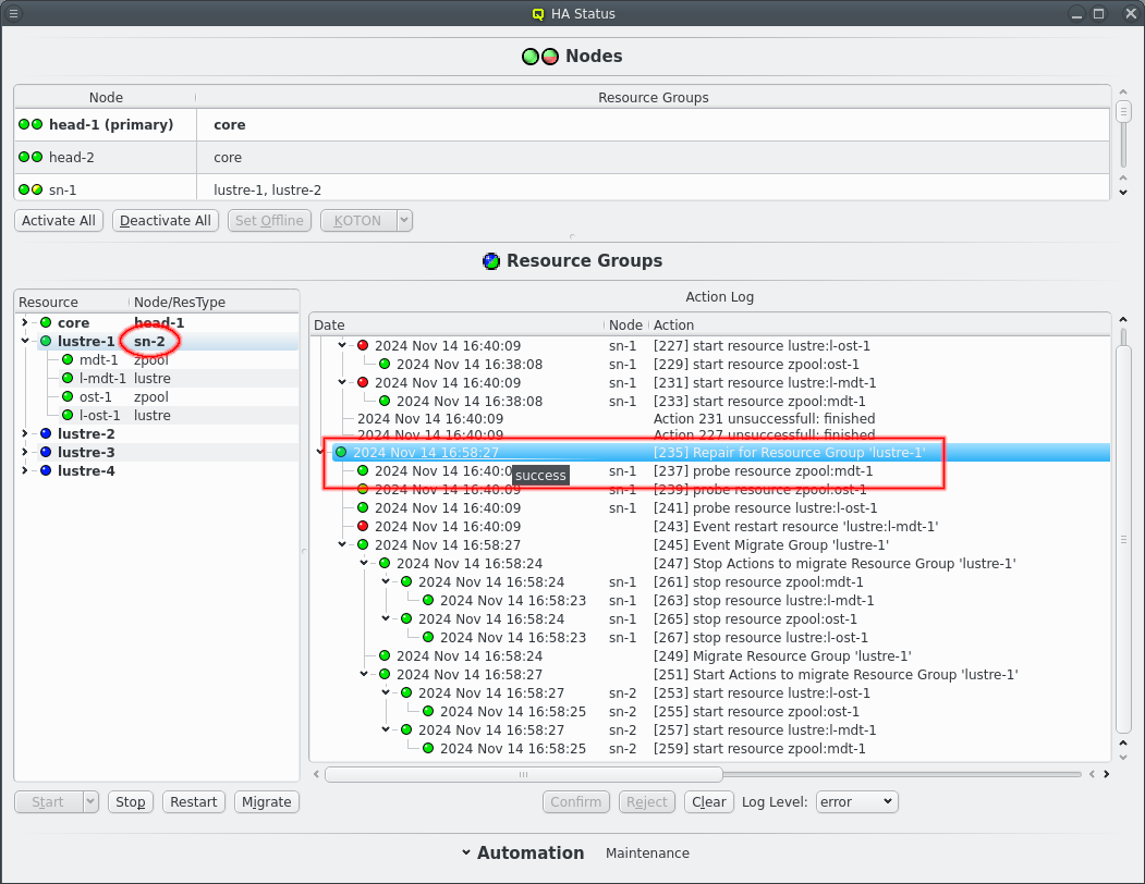 Repair of a start failure completed successfuly