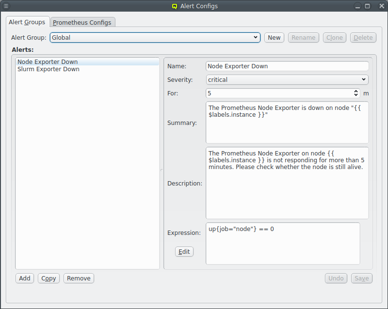 Alert Configs dialog