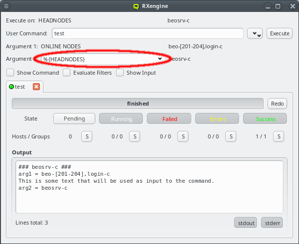 The test command appearing in the RXengine window