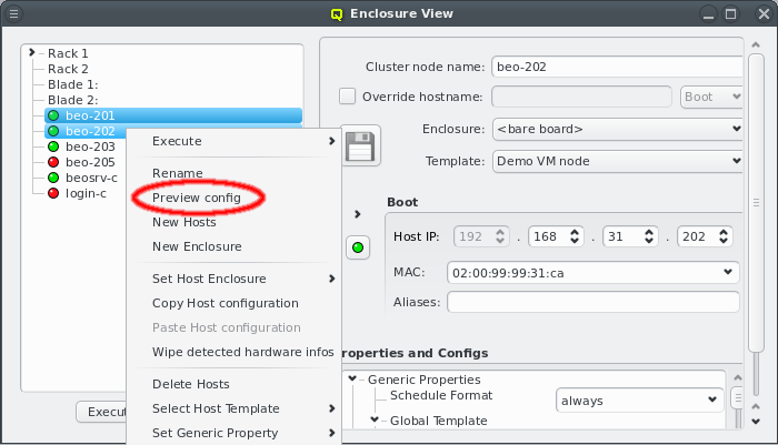 Initiating a preview of host specific config files