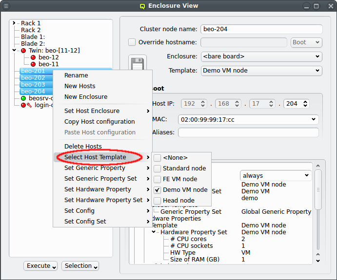 Selecting a Host Template for multiple hosts