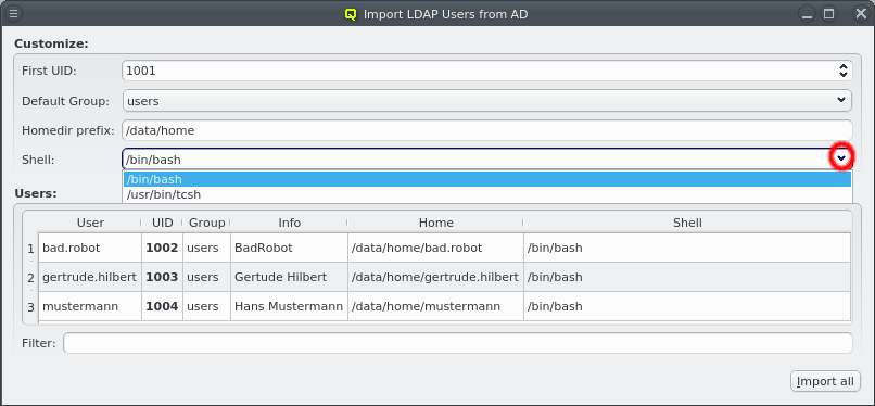 Changing the shell for user import