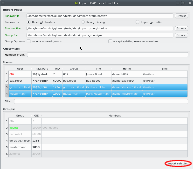 Import selected users