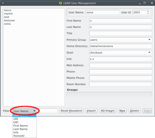 Filter user list