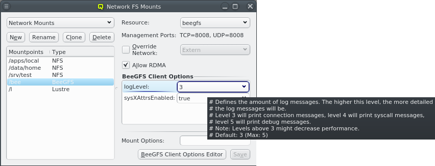 Tooltip explains BeeGFS options