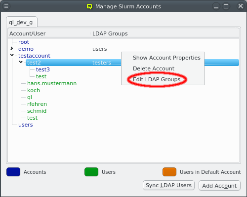 Context menu for Slurm Account.